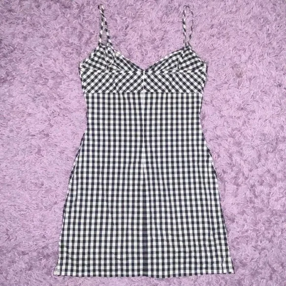 M VTG Kookai Black & White Gingham Print Picnic Hourglass Bodycon Mini Dress - Picture 9 of 10
